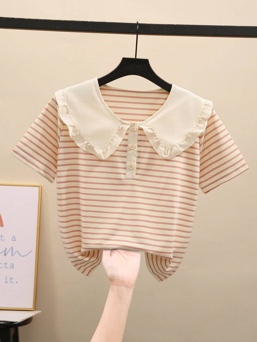 Tween Girls' Ruffled Striped Short Sleeve Blouse, Sweet Collared Shirt For Toddler & Big Girls, Back To School