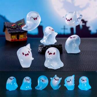 [Quantity] Pcs Miniature Glow-In-The-Dark Cute Halloween Ghost Figurines, Resin Decor Accessories, Desktop Mini Ornaments, Halloween Decorations, Miniature Collectibles