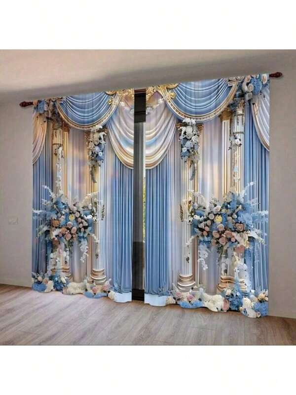 2pcs Light Blue Floral False Background Printed Curtains, Pole Bag Curtains 30*65, Bedroom Living Room, Home Decoration, Room Decoration