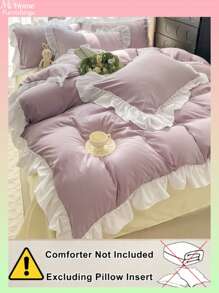 3 pièces Ensemble de literie étudiante très doux de couleur violet clair, housse de couette plissée grande fleur amicale pour la peau (1 housse de couette, 2 taies d'oreiller), lavable sans rembourrage