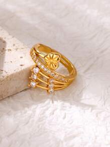 1 pieza Anillo de corazón geométrico de circonita para mujer, color dorado, acero inoxidable ajustable, anillo de boda de lujo, joya de corazón como regalo