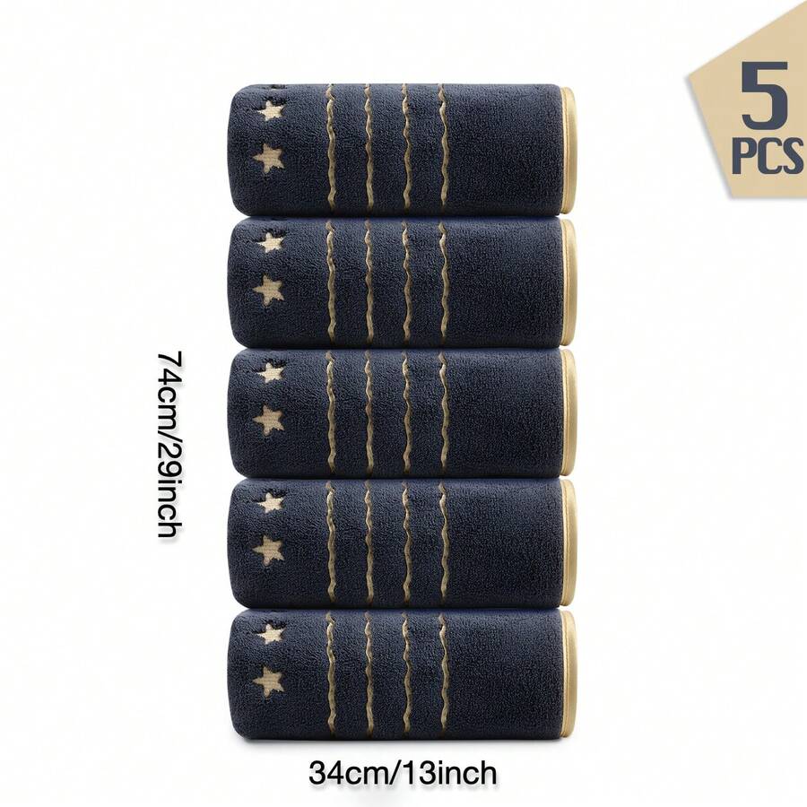 Set de 5 toallas de baño con borde dorado, toallas absorbentes y de secado rápido para uso en exteriores de 74*34cm, con diseño de bordado de 5 estrellas simple, adecuadas para vacaciones, campamento al aire libre, playa, fitness, natación, viajes, spa, apropiadas para Halloween, Navidad, Acción de Gracias, toallas de ducha para salón de belleza, hotel, deportes, artículos esenciales para el hogar