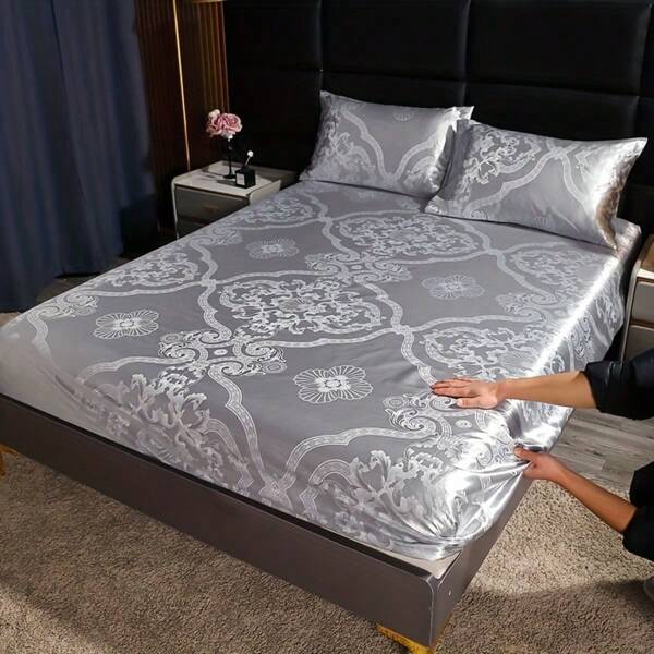 1pc European-Style Satin Grey Fitted Sheet With Floral Pattern – Soft, Comfortable Bedding For Bedrooms And Dorms, Deep Pockets (30-34cm), No Pillowcase Included, Satin Bed Sheets