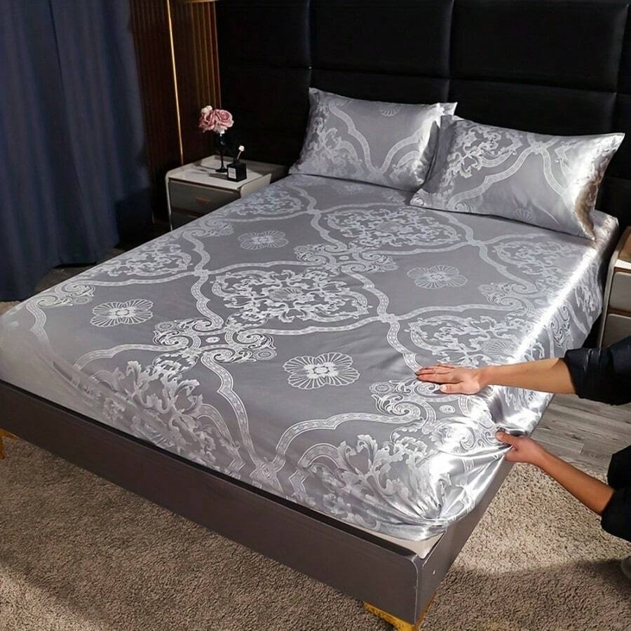 1pc European-Style Satin Grey Fitted Sheet With Floral Pattern – Soft, Comfortable Bedding For Bedrooms And Dorms, Deep Pockets (30-34cm), No Pillowcase Included, Satin Bed Sheets