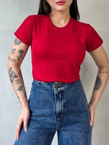 Women's Basic Plain T-Shirt BlouseSimpleCasual100%CottonComfortable - Đỏ - Xem 3