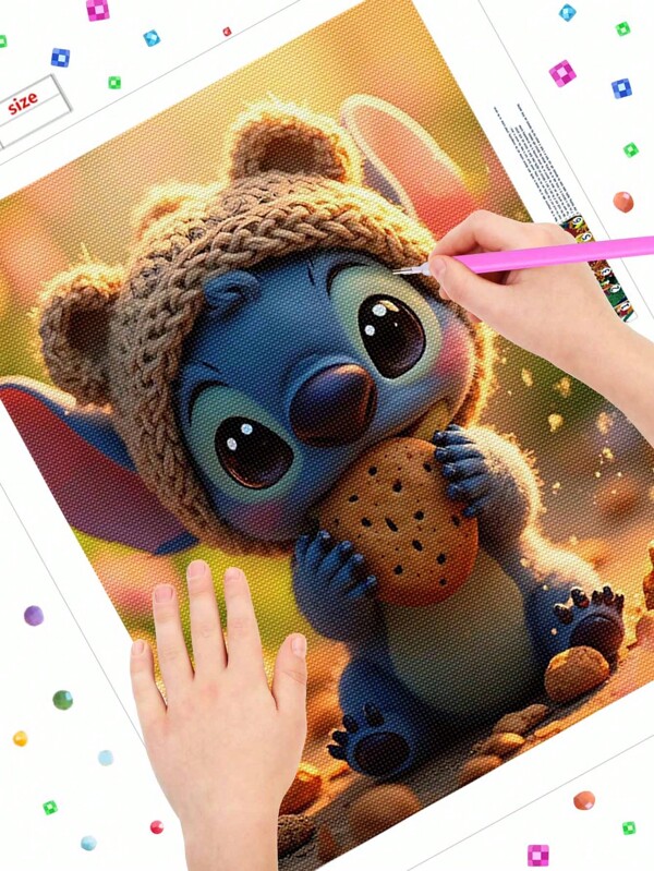 Disney Diamond Painting Kit, 5D Stichi Eating Cookies Pattern, Round Diamond Mosaic Frameless Art Painting, Home Wall Decoration, Birthday Gift