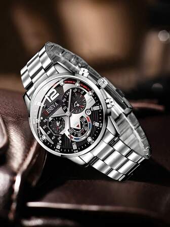 4 delar herrmode casual business blandad skala med kalenderfunktion rund urtavla kvartsur kombinationsset för vardagsbruk eller högtidsgåvor