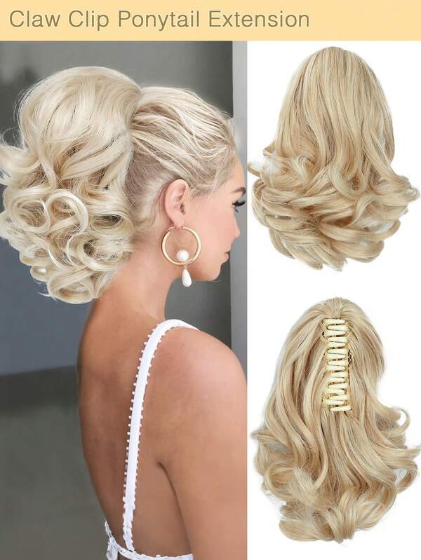 Extensión de cola de caballo, extensión de cabello sintético rizado ondulado de 10" con pinza para el cabello para uso diario de mujeres (Rubio)