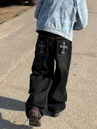 Men Vintage High Street Cross Embroidered Loose Straight Leg Jeans, Emo Style, Grunge
