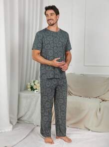 Men's Casual Cartoon Bear Print Short Sleeve Top And Long Pants Pajama Set, Summer Loungewear
