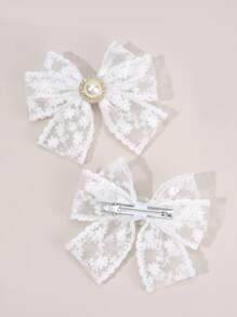 2 piezas Lazos de pelo de encaje blanco para niñas Lazos de encaje de unicolor con pinzas de cocodrilo Lazo bordado con flor Pasadores de pelo con perlas y rhinestone Elegantes pasadores de lazo para boda, vacaciones y accesorios de pelo para niños