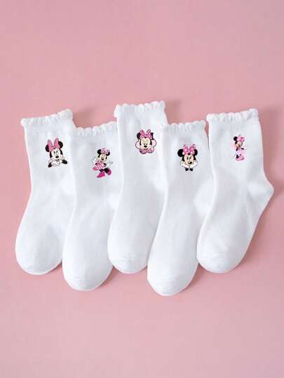 1/5 pares de meias esportivas infantis/meninas/meninos, meias de renda fofas e macias com estampa de rato, meias da moda, macias e respiráveis, que absorvem a umidade, até a panturrilha, para uso casual, esportivo, escolar, volta às aulas, uso estudantil