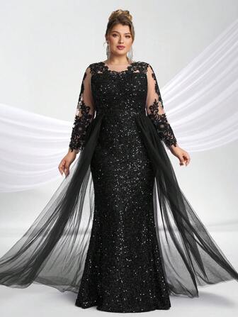 YISIKADO Plus Size Dam Elegant Bankett Applikationer Långärmad Paljett Kontrast Mesh Festklänning