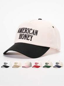 1pc Embroidered "American Honey" Color Block Baseball Cap, Adjustable Sun Protection Casual Hat, Suitable For Spring & Autumn Travel, Beach, Men Y2K Style Cap
