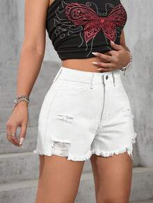 Shorts vaqueros blancos casuales de mujer con bolsillo y borde deshilachado