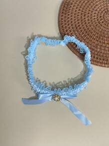 1pc Elegant Lace Elastic Garter, Rhinestone Bow & Faux Pearl Decor Thigh Chain, Bridal Leg Garter, Blue Wedding Accessory
