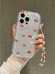 1pc Cherry Heart Design Mobile Phone Case & Beaded Lanyard, 1pc Transparent Shockproof Wave Pattern Phone Protective Cover, Fit For IPhone 11 12 13 14 15 16 Pro Max Mobile Accessories