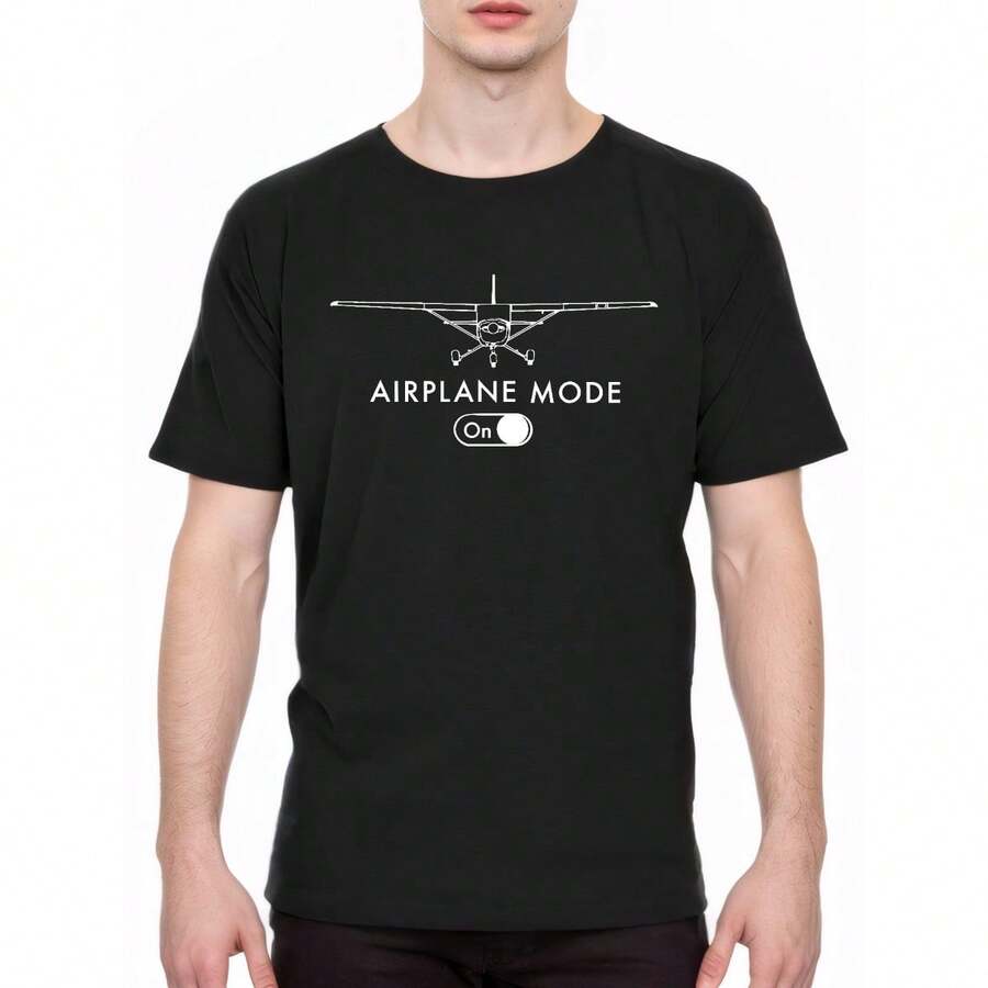 Men's "Airplane Mode" Graphic T-Shirt - Casual Black Cotton Tee With Aviation Design, Short Sleeve, Round Neck, Ideal For Pilots And Aviation Enthusiasts As Present - Black - View 1