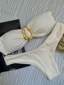 Beige Strapless Bikini Top With Removable Padded Cups, Elegant Casual Knot Ring - 米色 - 查看 6