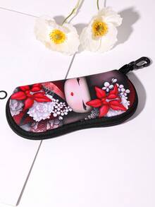 1pc Kawaii Japanese Puppet Doll Print Rubber Eyeglass Case With Keychain Durable Zippered Pouch For Men & Women Fits Various Eyeglass Styles Eywear Accessory