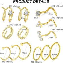 AVYRING Juego de 13 piezas de aretes y pendientes para la nariz - Joyas para perforación nasal de 20G (plata/negro/oro) - Acero inoxidable hipoalergénico, pendientes con CZ, aros dobles, anillos en C