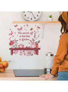 Kitchen Stickers/Decorative Stickers English Kitchen Kitchenware Butterfly Flower Rack Stickers Waterproof And Dustproof Stickers, 1 Piece Pvc Material Removable Wear-Resistant Stickers, Wall Stickers 23.62*11.81 Inches, Suitable For Kitchen Decoration, Wall Decoration, Restaurant Decoration, Interesting Birthday Gifts, Graduation Gifts, Make Your Home A New Look