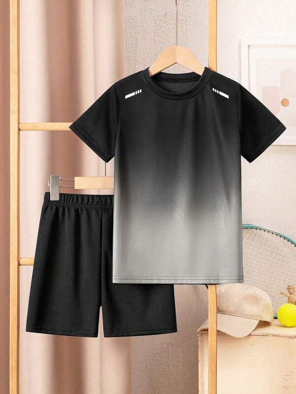 2pcs Boys Kids' Casual Sports Gradient Print T-Shirt And Solid Shorts Set, Suitable For Football/Soccer Training, Sports, Daily Wear