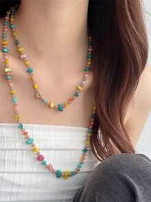 1pc Colorful Shell Crystal Beads Layered Necklace/Sweater Chain, Multi-Color Versatile Summer Vacation Style