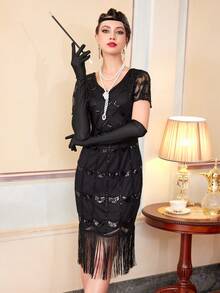 Đầm nữ thập niên 1920, đầm flapper đính sequin tua rua, trang phục thời kỳ "Roaring Twenties" (Những năm 1920 sôi động) - màu đen - Xem 5