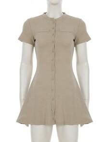 Elegant Round Neck Single Breasted Knitted A-Line Dress Old Money Style Office Casual Short Sleeve Mini Dress Autumn Outfits Modest Dresses For Women - Khaki - View 7