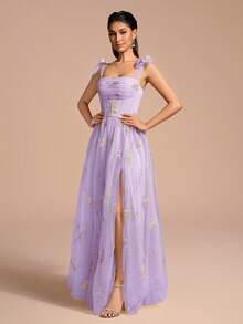 Floral Embroidered Sheer Tulle Ball Gown Dress, Spaghetti Strap Formal Tea-Length Cocktail Party Dress, Prom Dress - Mauve Purple - View 4