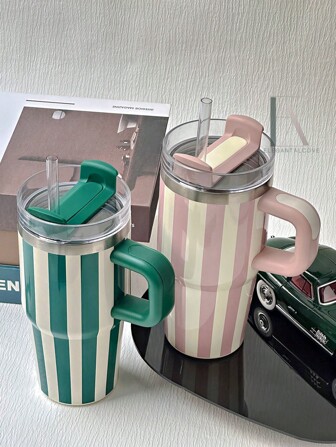 20oz Stainless Steel Insulated Tumbler, With Handle And Straw, Glossy Striped Coating, Leak-Resistant Lid, Double-Wall Vacuum Travel Mug For Hot And Cold Drinks, Minimalist Aesthetic Design