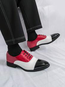 Męskie formalne buty wizytowe, błyszczące, brytyjskie, skórzane buty biznesowe casualowe, białe i czerwone, bloki kolorystyczne, sznurowane, ślubne, na imprezę