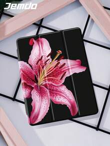 Flower 1pc Black Background Hibiscus Floral Pattern Tablet Protective Case With Pen Slot, Anti-Drop, Support Sleep/Wake, Compatible With Samsung, And IPad - Multicolor - View 3