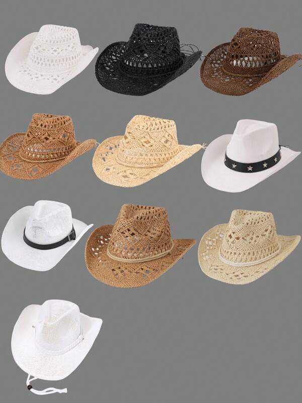1pc Women Handmade Woven Hollow Flower Pattern Tied Bow Beach Straw Hat, Aluminum Wire Molded Brim, Fashionable Sun Protection Travel Vacation Cowboy Western Style Hat, Suitable For Daily Use