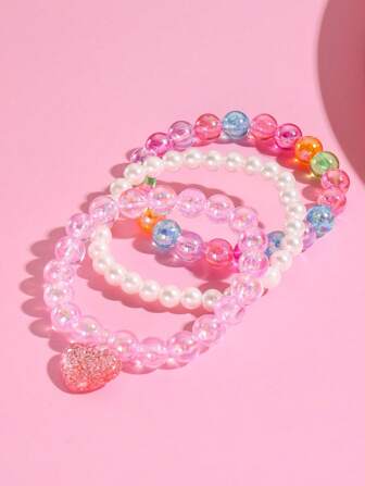 3 Stücke/Set Kinder Armband-Schmuckset mit Herz-förmigem Anhänger aus Kunstperlen, geeignet für Mädchen für den Alltag, Feste, Partys