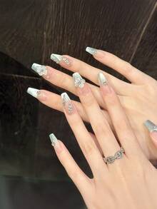 YADORNOS 10 件薄荷绿 3D 浮雕花卉猫眼手工指甲亚克力按压指甲夏季指甲甜美可爱花朵水钻装饰中长棺材/椭圆形/方形法式假指甲全覆盖指甲尖带果冻胶和指甲锉，DIY 美甲用品 - 薄荷綠 - 查看 16
