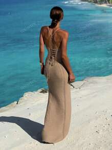 Women's Solid Color Sexy Backless Hollow Out Beach Vacation Slim Fit Cover Up Long Dress