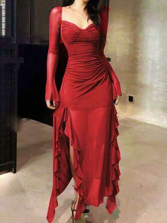 女士优雅休闲荷叶边长袖网眼连衣裙，适合秋季、音乐会、圣诞节、外出、婚礼宾客、俱乐部和仙女风格造型