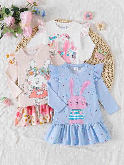 3 Stück/Set Baby/Baby Mädchen süße modische lässige Langarm Kleider, Kaninchen Muster Muster Kleider für drinnen oder Outdoor, Herbst
