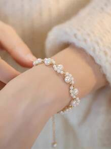 1pc Elegant Faux Pearl Braided Cat Scratch Bracelet, Fashionable Cute Bridal Accessory Gift For Friends, Mother