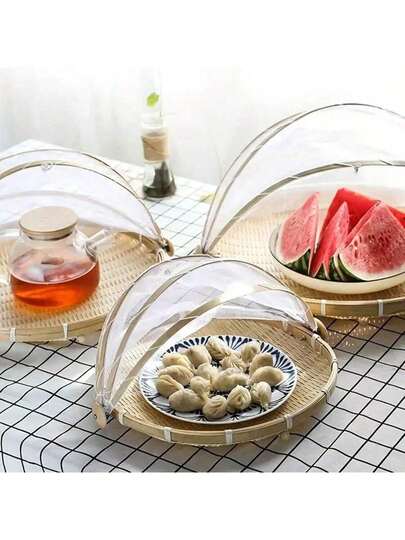 1 chiếc giỏ đựng thức ăn đan thủ công, khay đựng trái cây ngoài trời chống côn trùng bằng tre, dụng cụ xúc thức ăn dã ngoại nhà bếp.