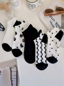 5 Pairs Low-Cut Shallow Mouth Sweet Black & White Thin Socks, Korean/Japanese Style Lace Short Socks, Suitable For Spring & Summer