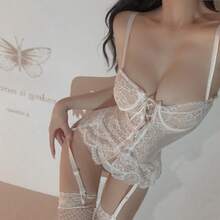 Sexy Lingerie For Women Transparent Steel Support Gathered Sexy Suspenders Lace Backless See-Through Sexy Nightdress Temptation Suit - Trắng + [tất trắng] - Xem 3