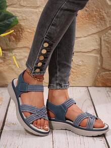 Sandal Kulit Wanita Kasual Musim Panas Model Plus Size 2025 Terbaru dengan Perekat Velcro, Sandal Nyaman dengan Ujung Terbuka. - Biru tua - View 8