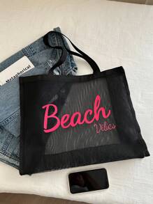 New Fashion Simple Summer Vacation Beach Casual Extra Large Capacity Net Fabric Letter Print Oversized One Shoulder Tote Bag