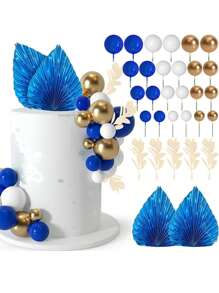 37 Stück bunte Schaumstoffkugel-Tortendekoration, bohemian-Stil Tortendekoration, imitierte Palmblatt-Papier-Fächer Tortendekoration, blaue oder schwarz-goldene Themen-Serie für Torten, geeignet für Taufen, Gender-Enthüllungspartys, Geburtstagsfeiern, Rentenfeiern, Junggesellinnenabschiede, Muttertag, Hochzeitstorten und Valentinstag, verschiedene thematische Tortendekoration