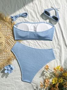 2pcs/Set Ribbed Bikini Swimsuit, Graduation/Independence Day Suitable Swimwear In Black, Red, Purple