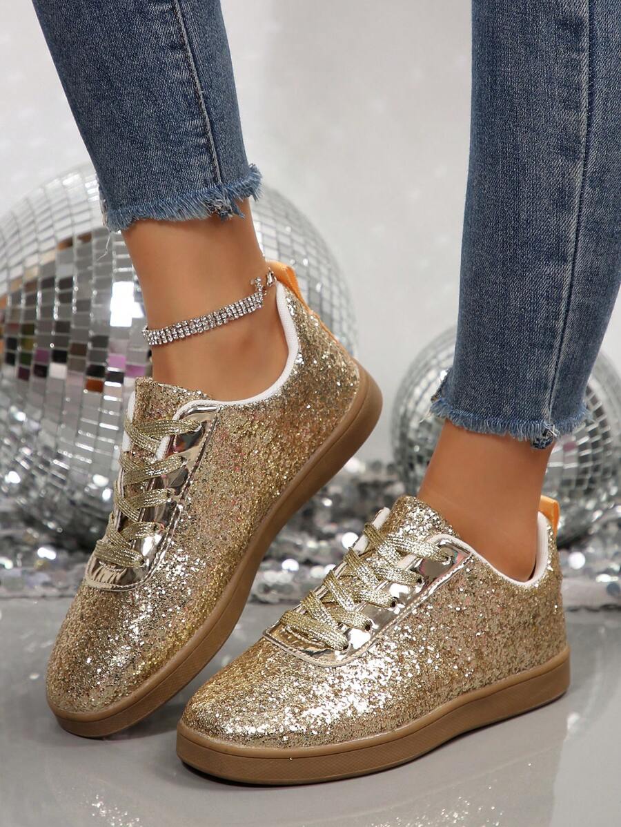 1 Pair Women's Lace-Up Glitter Flat Skateboard Shoes, Low-Top Solid Color Outdoor Sports Sneakers - Gold - View 1