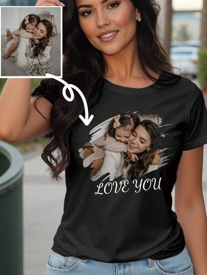 Camiseta personalizada para mujer - Agrega tu propio texto e imágenes, sencilla para primavera/verano, personalizada (foto familiar/selfie/foto de mascota/foto de amigos/foto de fiesta/foto de padres e hijos/foto de pareja) texto/bendición/nombre personalizado, de moda, minimalista, casual única, ropa deportiva casual, regalo sorpresa, regalo de cumpleaños, vacaciones, regalo de fiesta de vacaciones, regalo de boda, regalo del Día de la Madre, regalo para la mejor amiga, regalo para ella, parte superior de mujer, festival de música, regalo de fiesta Negro
